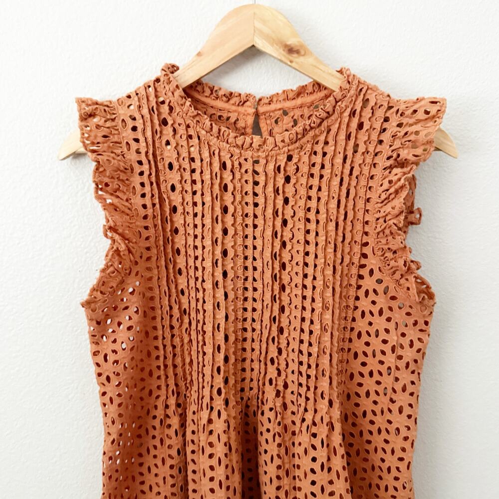 MADEWELL | Eyelet Ruffle-Sleeve Pintuck Mini Dress Orange Mulled Cider | Medium - Picture 3 of 9